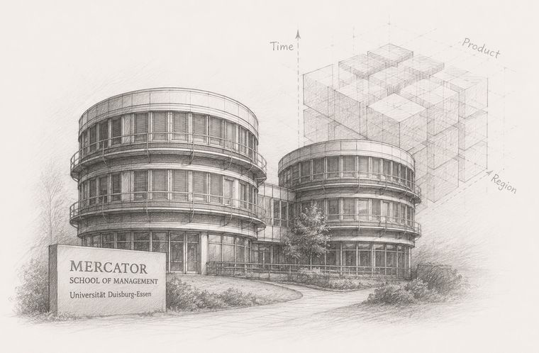Pencil illustration of the Mercator School of Management, University of Duisburg-Essen, with an OLAP cube