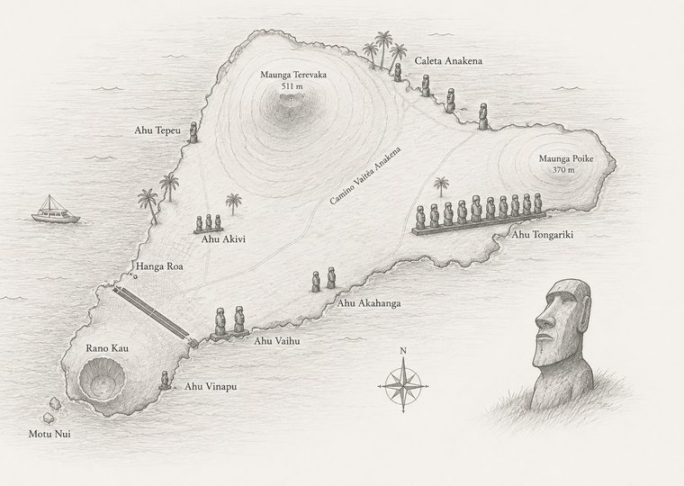 Pencil map of Rapa Nui (Easter Island) showing Terevaka, Poike and Rano Kau