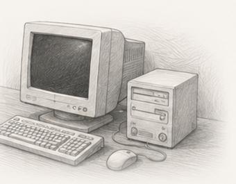 Pencil illustration of an early 2000s desktop computer