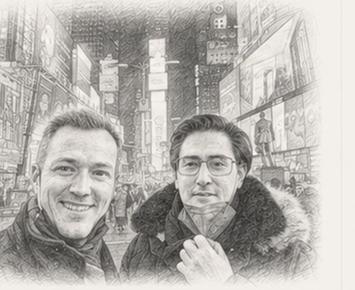Pencil illustration of Ralf Heim abroad during international expansion