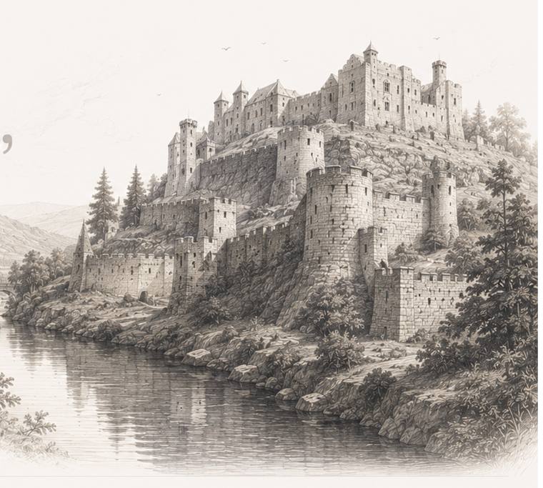 Pencil illustration: a fortified castle above a river
