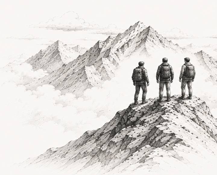 Pencil illustration: three climbers on a summit ridge