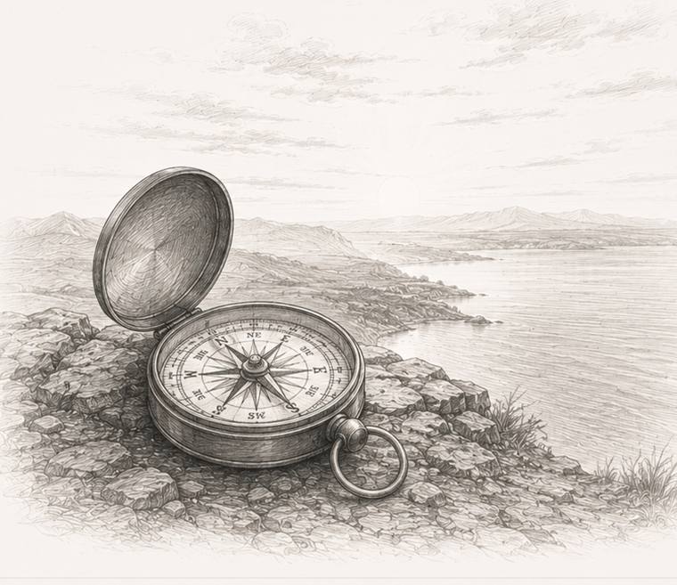 Pencil illustration: a compass on a rocky shore