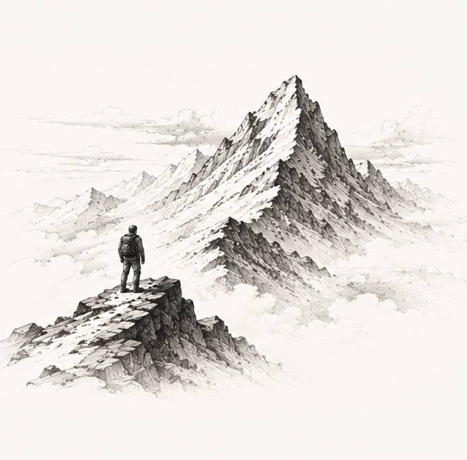 Pencil illustration: a lone climber facing a mountain range