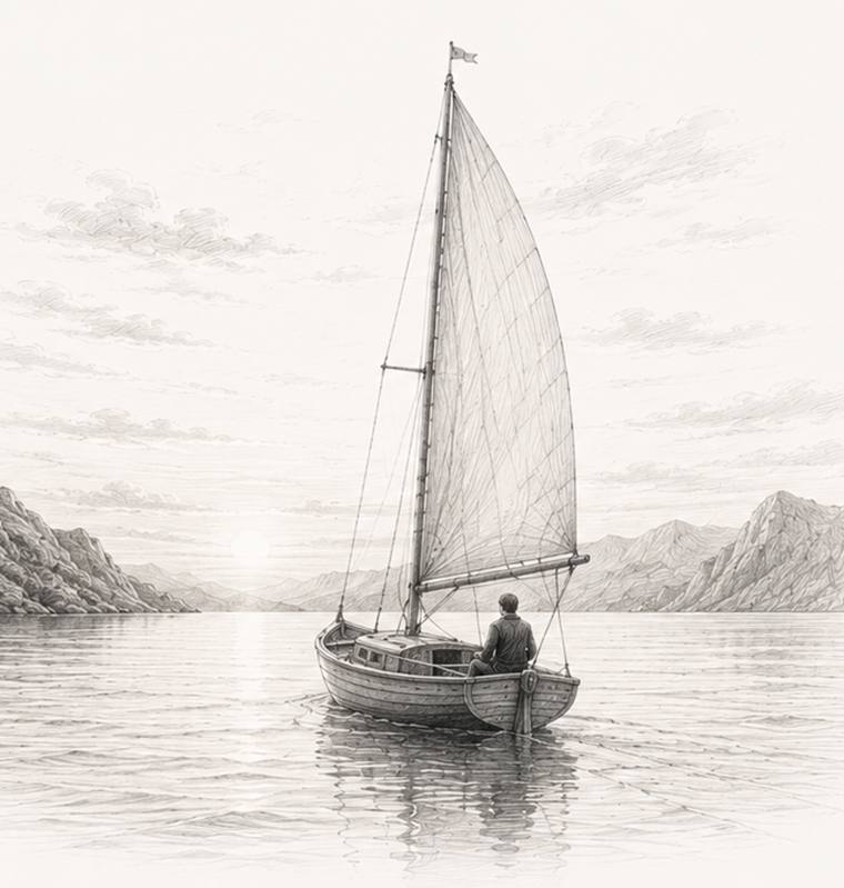 Pencil illustration: a sailboat moving under its own sail