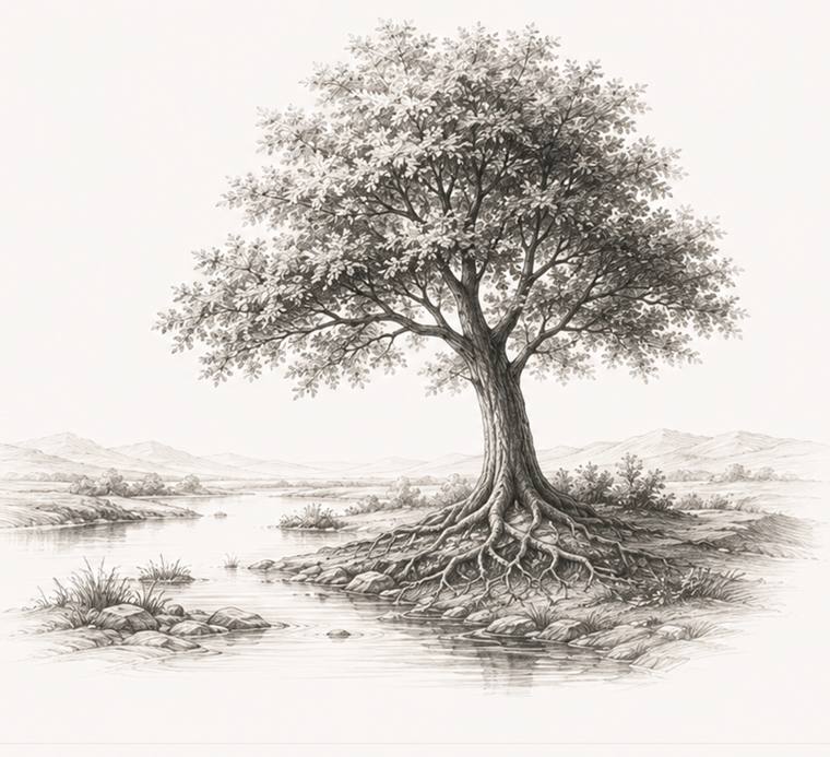 Pencil illustration: a strong tree with visible roots