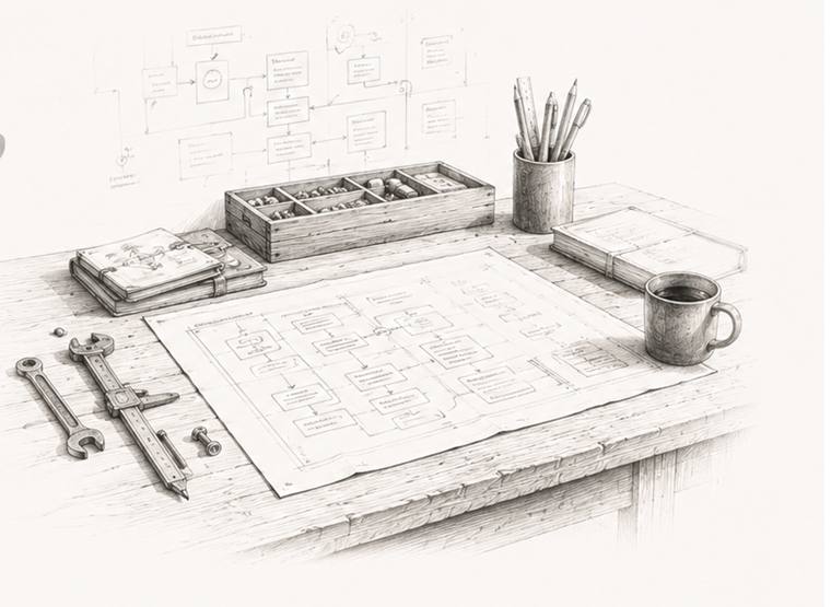 Pencil illustration: a builder's workbench with a system blueprint
